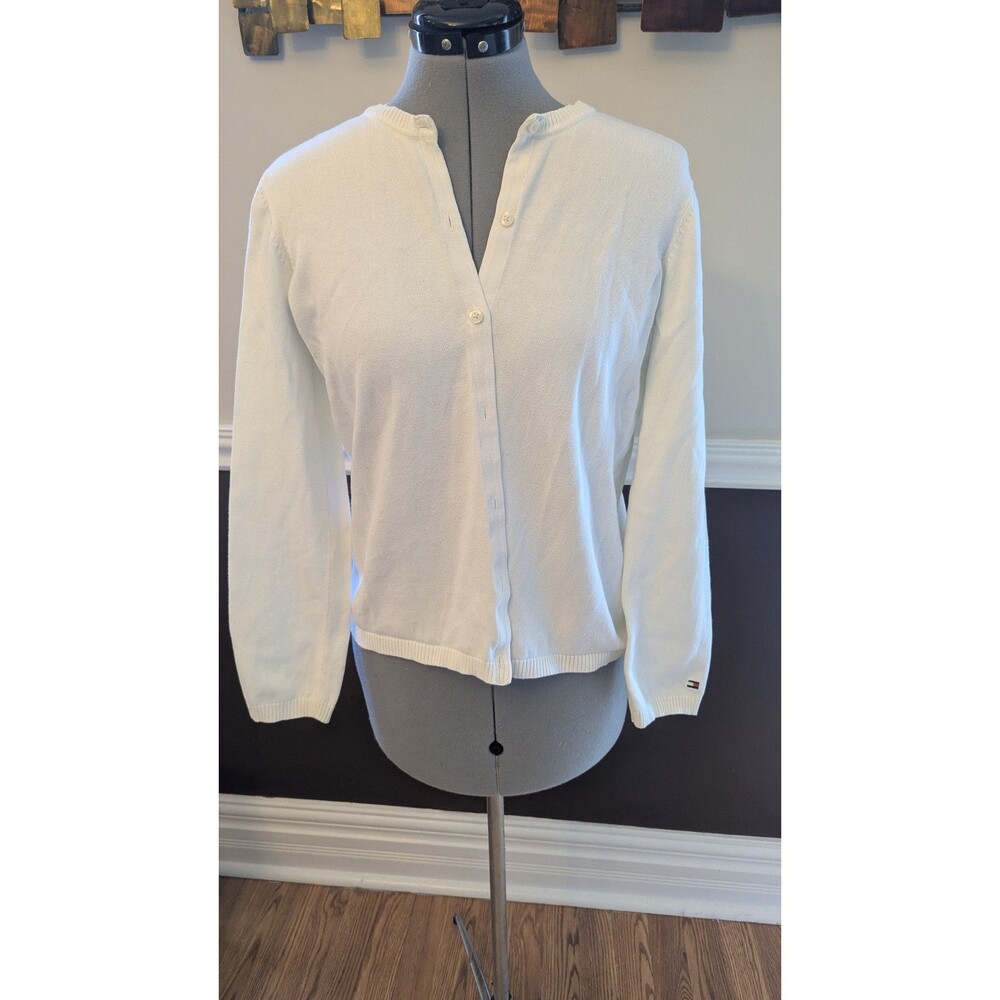 Women's Tommy Hilfiger White Cotton Button-Up Cardigan Sweater SZ M Preppy Clean